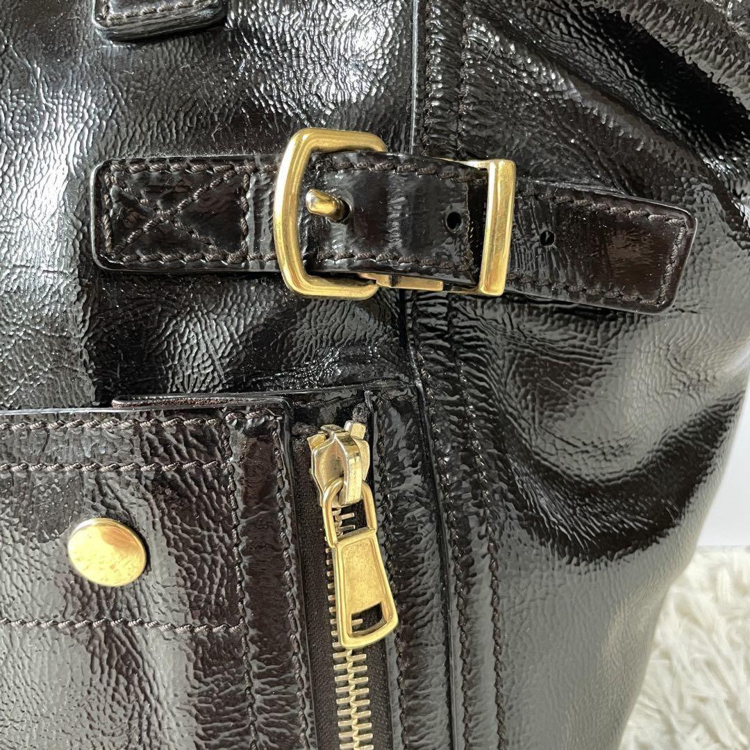Saint Laurent Hand Bag Tote Purse Downtown Patent Leather Dark Brown Authentic
