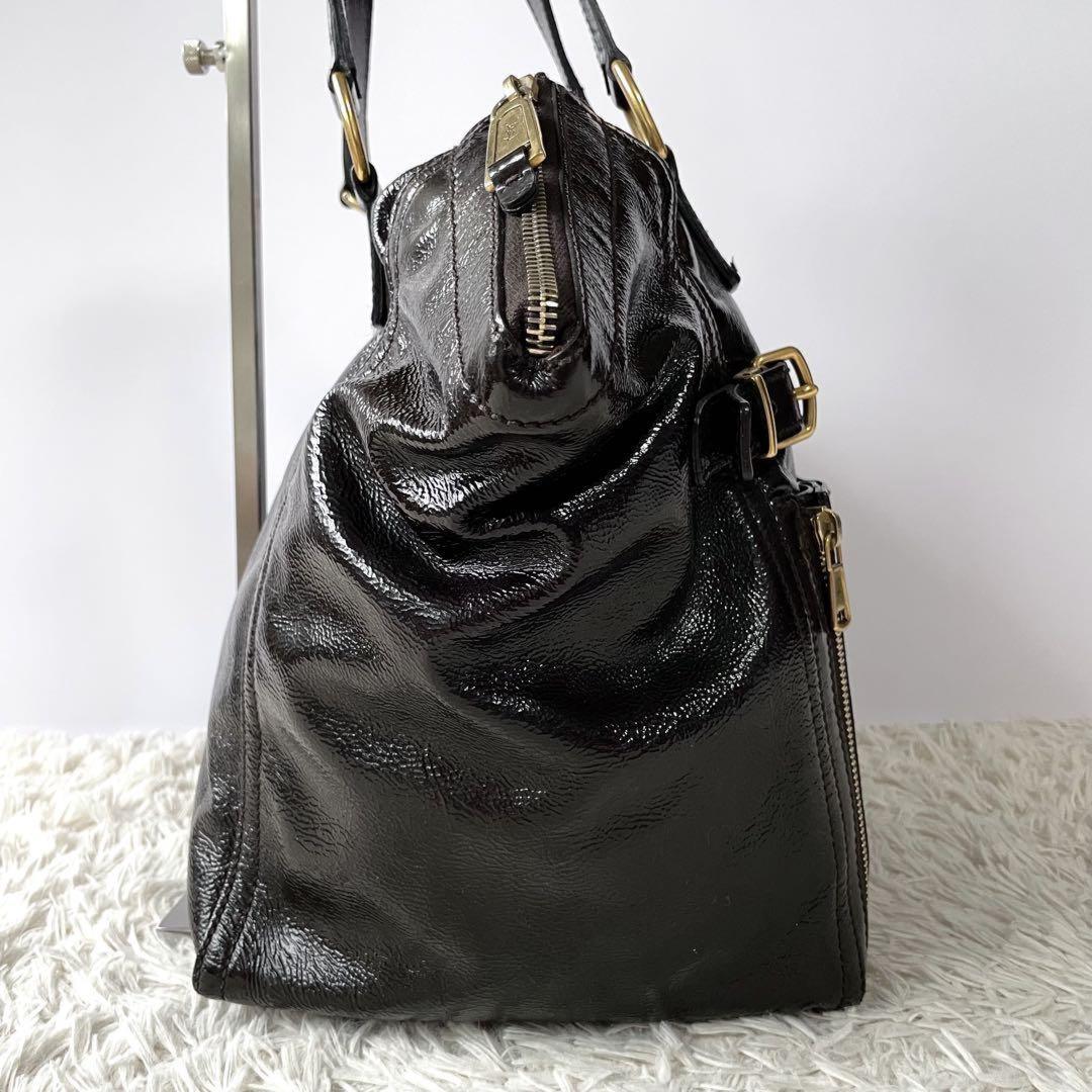 Saint Laurent Hand Bag Tote Purse Downtown Patent Leather Dark Brown Authentic