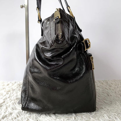 Saint Laurent Hand Bag Tote Purse Downtown Patent Leather Dark Brown Authentic