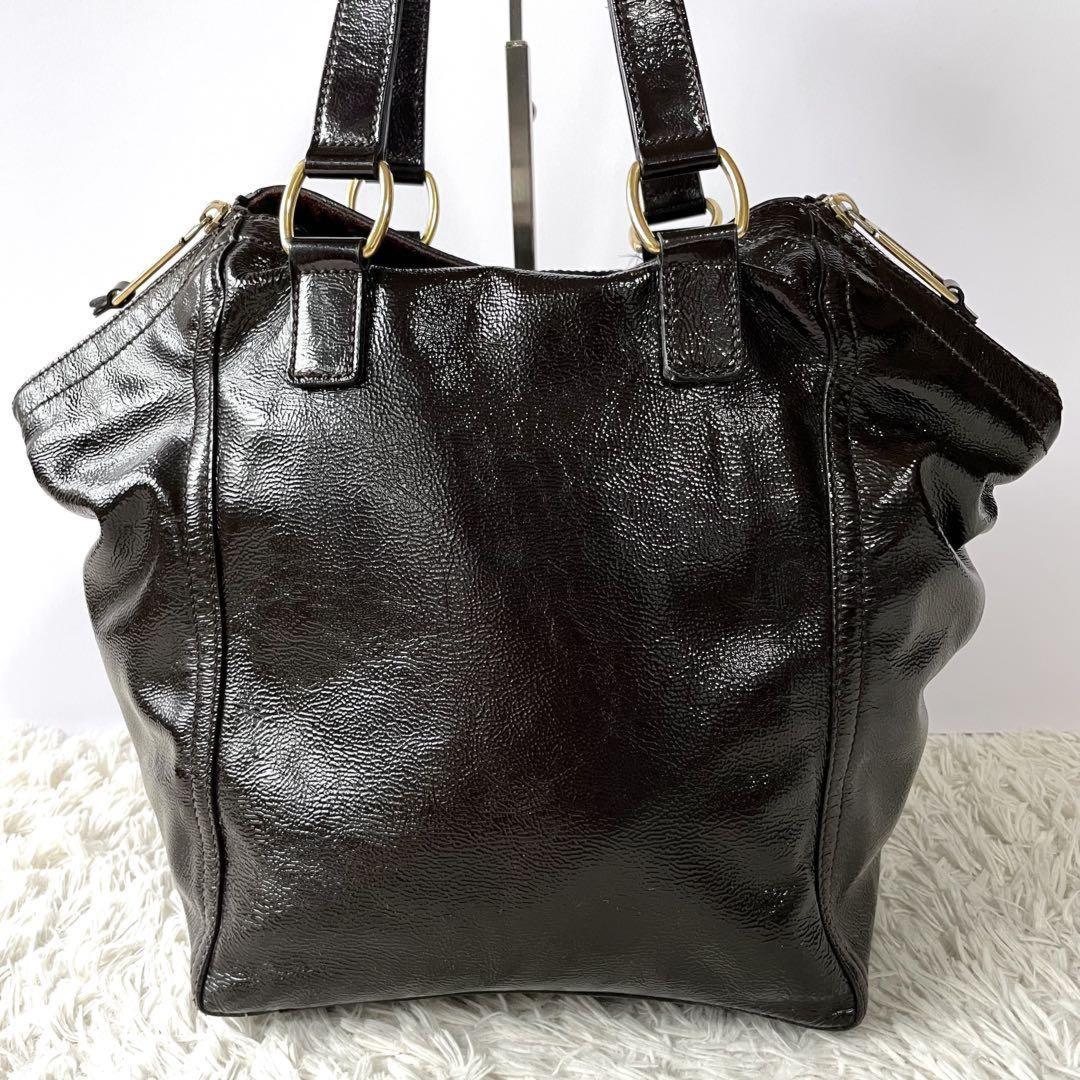 Saint Laurent Hand Bag Tote Purse Downtown Patent Leather Dark Brown Authentic