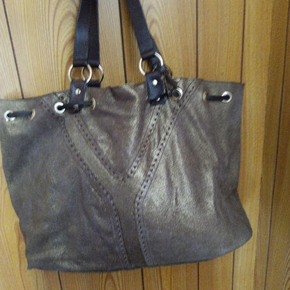 Saint Laurent Hand Bag Tote Purse Y Line Leather Brown Gold Authentic