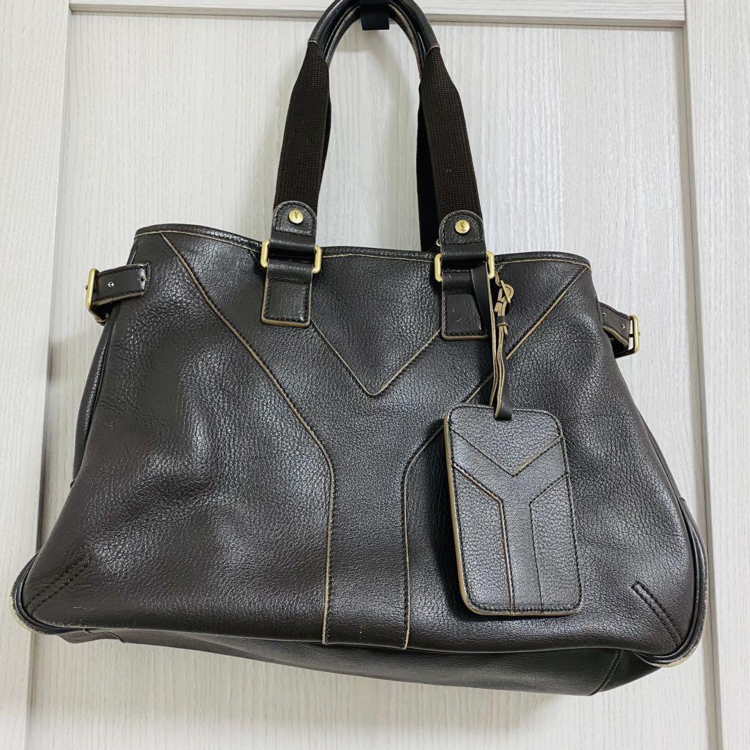 Saint Laurent Hand Bag Tote Purse Y Line Leather Brown Authentic