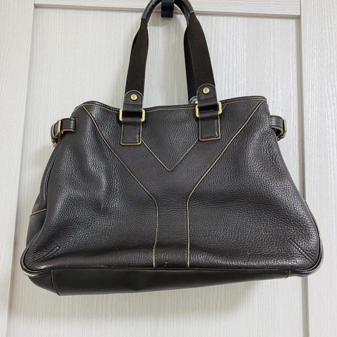 Saint Laurent Hand Bag Tote Purse Y Line Leather Brown Authentic