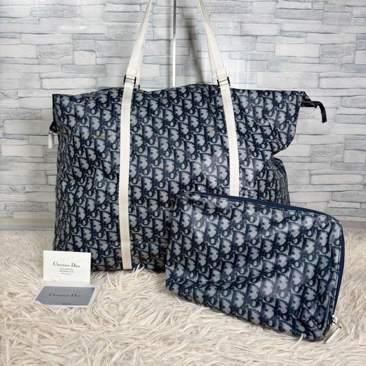 Christian Dior Hand Bag Tote Purse Trotter Nylon Navy Authentic