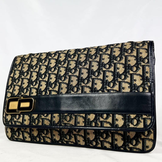 Christian Dior Clutch Bag Second Bag Trotter Canvas Leather Navy Brown Authentic