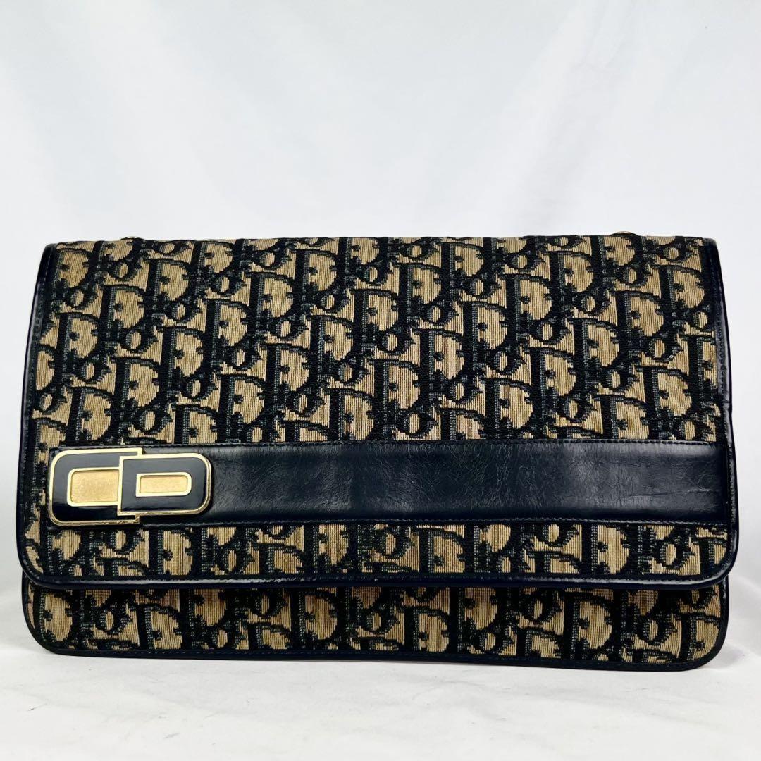 Christian Dior Clutch Bag Second Bag Trotter Canvas Leather Navy Brown Authentic