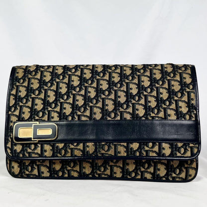 Christian Dior Clutch Bag Second Bag Trotter Canvas Leather Navy Brown Authentic