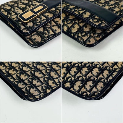 Christian Dior Clutch Bag Second Bag Trotter Canvas Leather Navy Brown Authentic