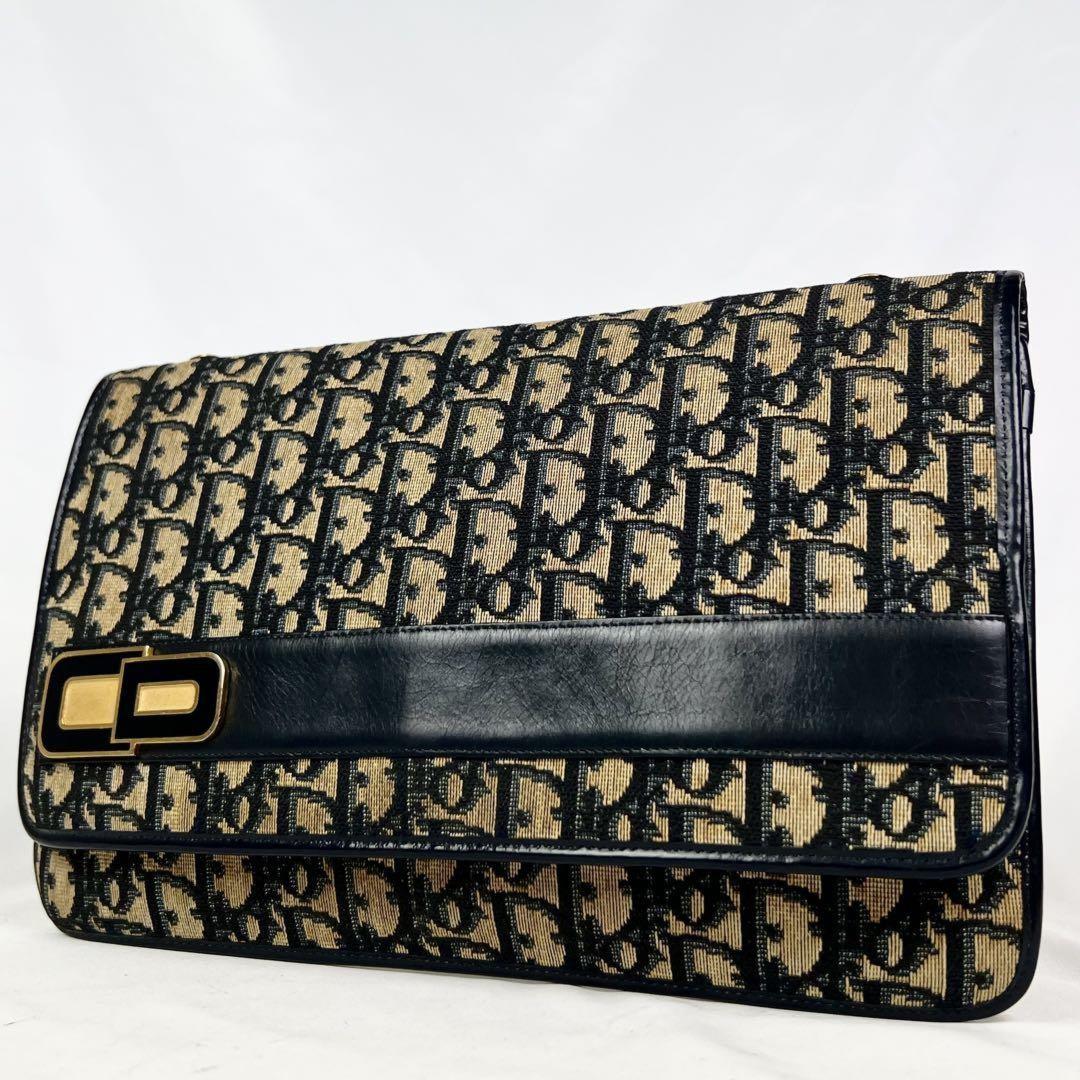 Christian Dior Clutch Bag Second Bag Trotter Canvas Leather Navy Brown Authentic