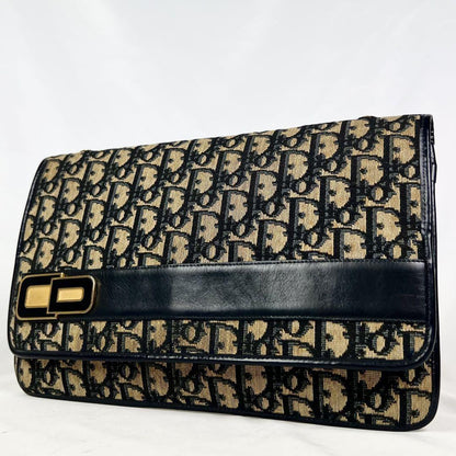 Christian Dior Clutch Bag Second Bag Trotter Canvas Leather Navy Brown Authentic