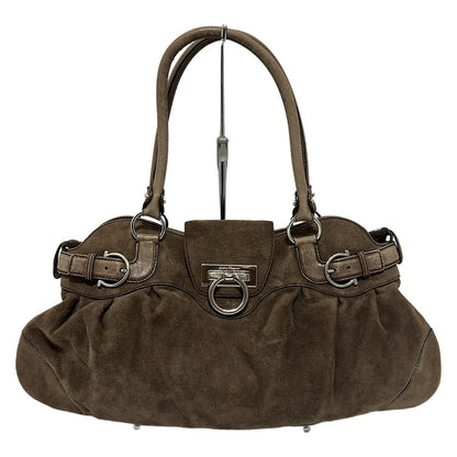 Salvatore Ferragamo Hand Bag Tote Purse Gancini Suede Brown Authentic