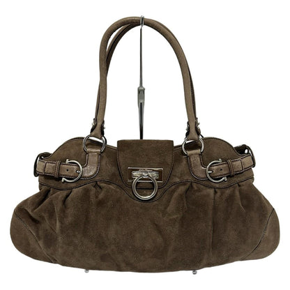 Salvatore Ferragamo Hand Bag Tote Purse Gancini Suede Brown Authentic