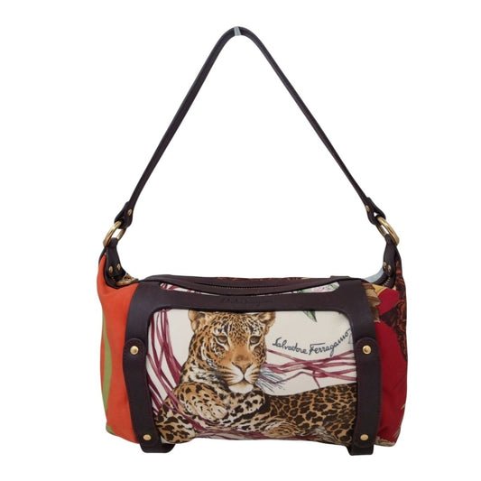 Salvatore Ferragamo Hand Bag Tote Purse Gancini Nylon Leather Multicolor Auth