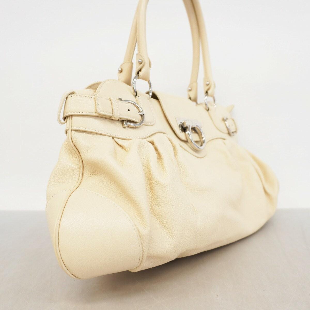 Salvatore Ferragamo Hand Bag Tote Purse Gancini Leather White Authentic
