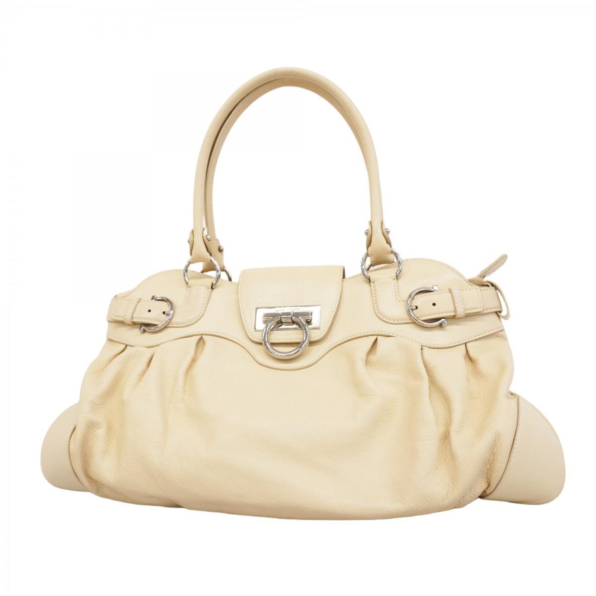 Salvatore Ferragamo Hand Bag Tote Purse Gancini Leather White Authentic
