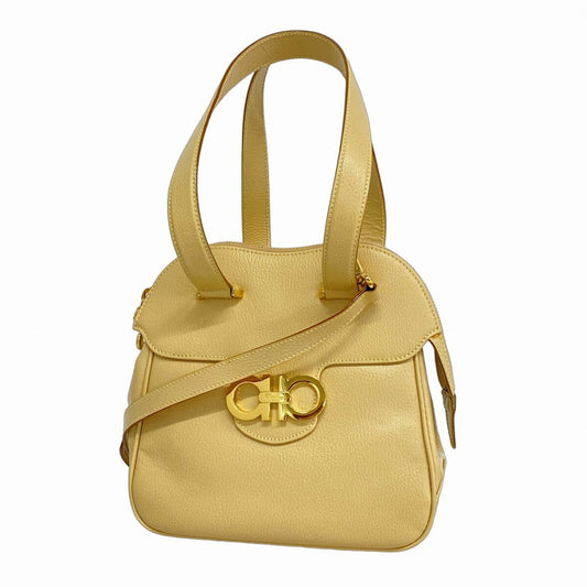 Salvatore Ferragamo Hand Shoulder Bag Tote Purse 2way Gancini Leather Beige Auth