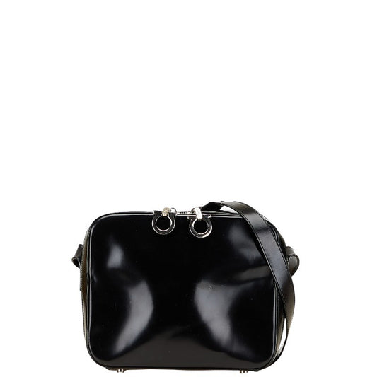 Salvatore Ferragamo Shoulder Bag Purse Gancini Patent Leather Black Authentic