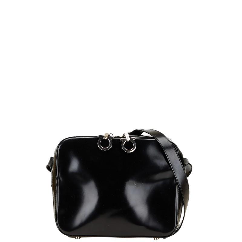 Salvatore Ferragamo Shoulder Bag Purse Gancini Patent Leather Black Authentic