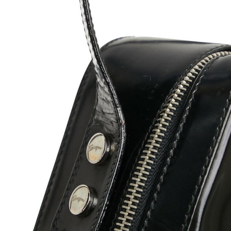 Salvatore Ferragamo Shoulder Bag Purse Gancini Patent Leather Black Authentic
