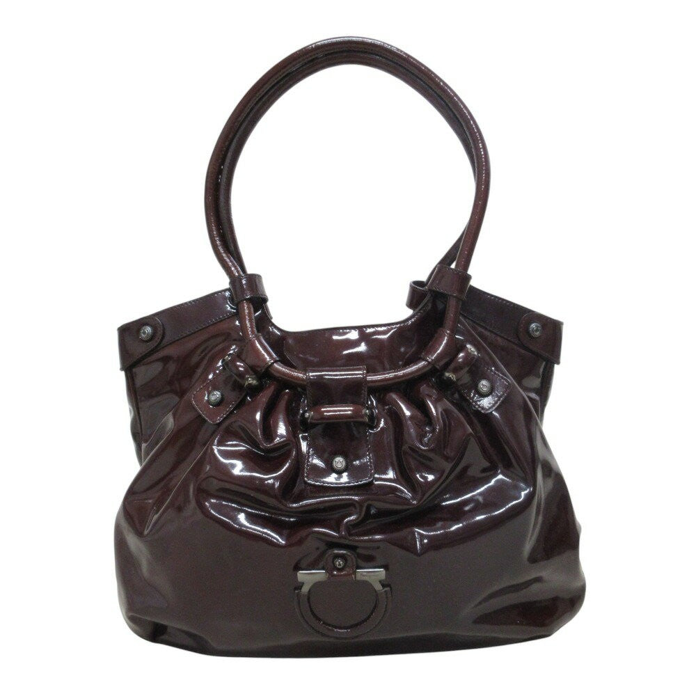 Salvatore Ferragamo Hand Bag Tote Purse Gancini Patent Leather Brown Authentic