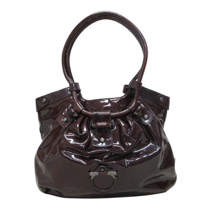 Salvatore Ferragamo Hand Bag Tote Purse Gancini Patent Leather Brown Authentic
