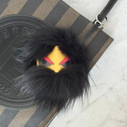 FENDI Bag Charm Key Holder Monster Bugs Eye Strap Leather Black Yellow Used Auth