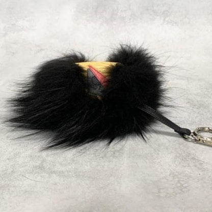 FENDI Bag Charm Key Holder Monster Bugs Eye Strap Leather Black Yellow Used Auth
