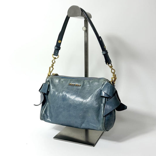 MIU MIU Shoulder Bag Purse Logo Leather Light Blue Authentic