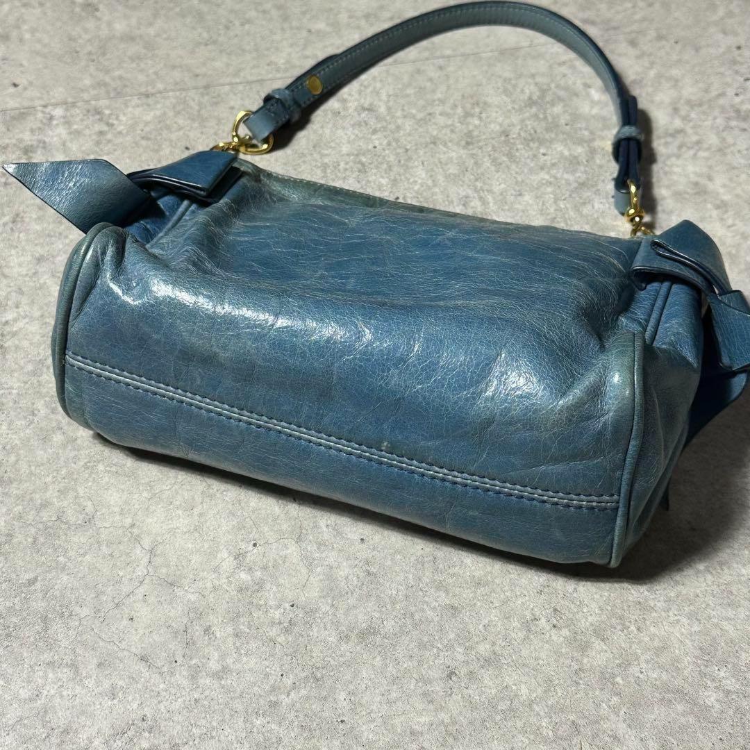 MIU MIU Shoulder Bag Purse Logo Leather Light Blue Authentic