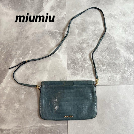 MIU MIU Shoulder Bag Purse Logo Leather Blue Authentic