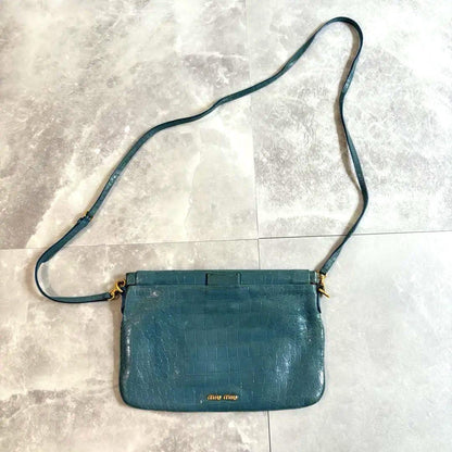 MIU MIU Shoulder Bag Purse Logo Leather Blue Authentic