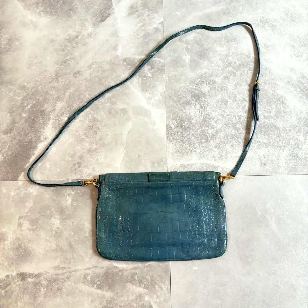 MIU MIU Shoulder Bag Purse Logo Leather Blue Authentic