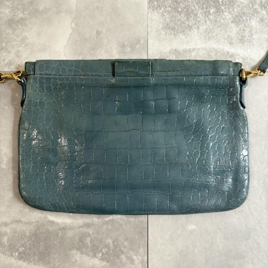 MIU MIU Shoulder Bag Purse Logo Leather Blue Authentic