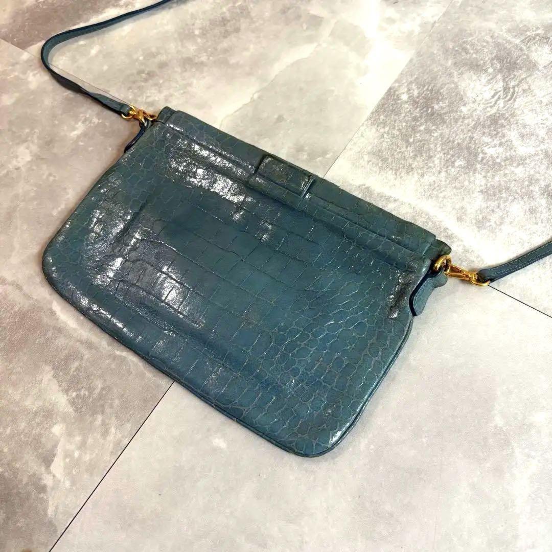 MIU MIU Shoulder Bag Purse Logo Leather Blue Authentic