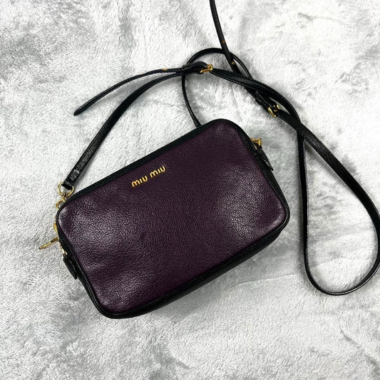 MIU MIU Shoulder Bag Purse Logo Leather Purple Black Authentic