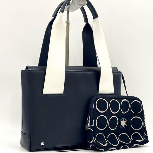 Montblanc Hand Bag Tote Purse Leather Black White Authentic