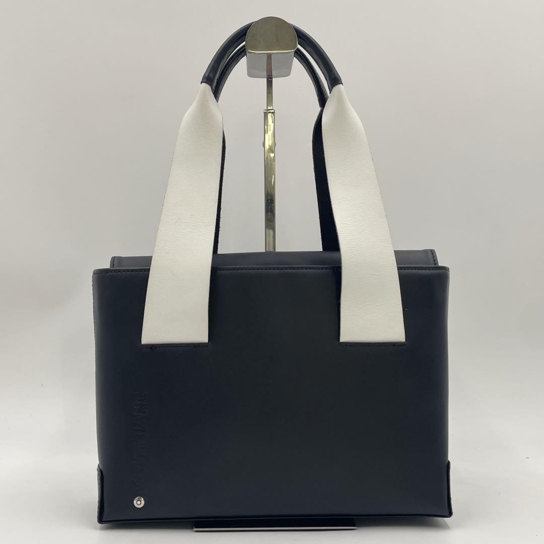 Montblanc Hand Bag Tote Purse Leather Black White Authentic
