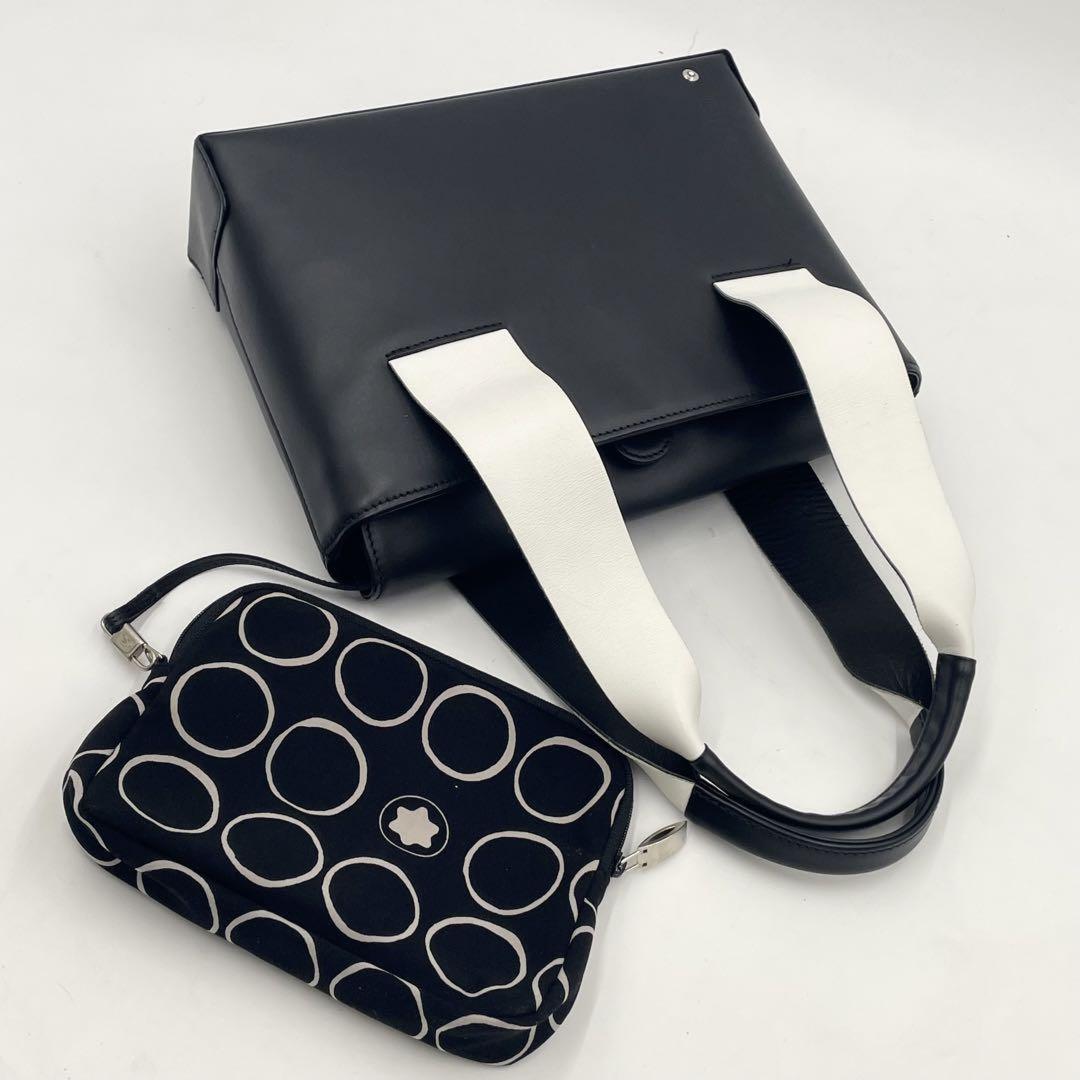 Montblanc Hand Bag Tote Purse Leather Black White Authentic
