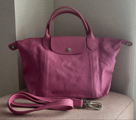 Longchamp Hand Shoulder Bag Tote Purse Le Pliage Leather Pink Authentic
