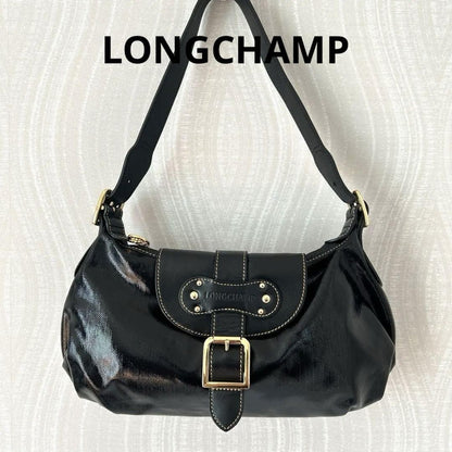 Longchamp Shoulder Bag Purse Patent Leather Black Authentic