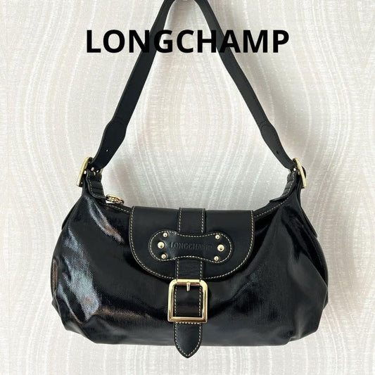 Longchamp Shoulder Bag Purse Patent Leather Black Authentic