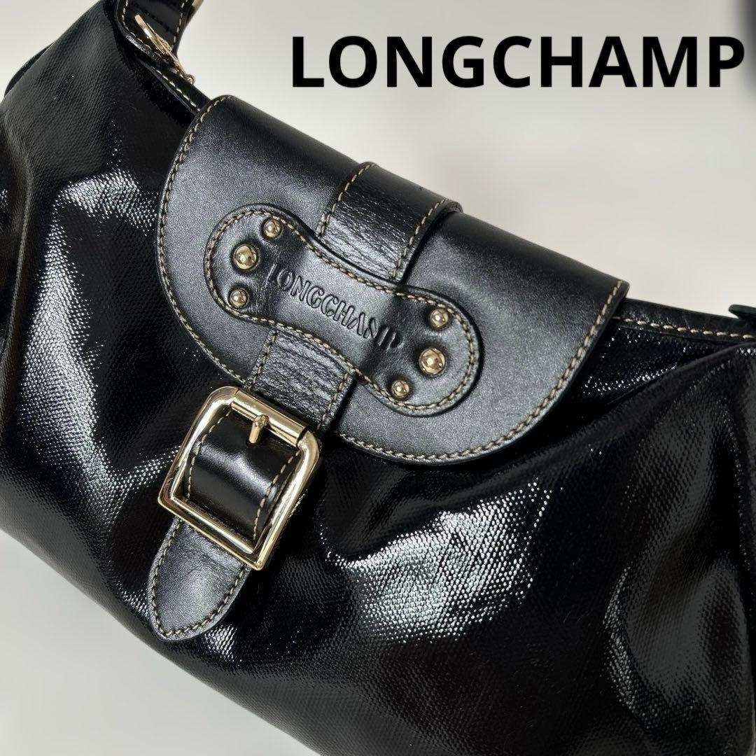 Longchamp Shoulder Bag Purse Patent Leather Black Authentic