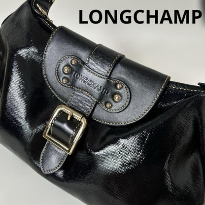 Longchamp Shoulder Bag Purse Patent Leather Black Authentic