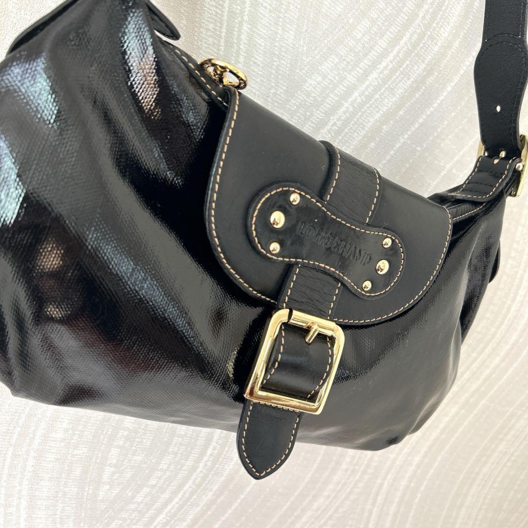 Longchamp Shoulder Bag Purse Patent Leather Black Authentic
