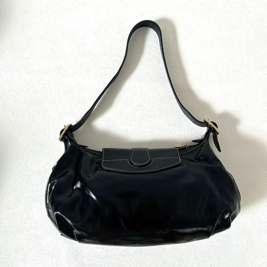 Longchamp Shoulder Bag Purse Patent Leather Black Authentic