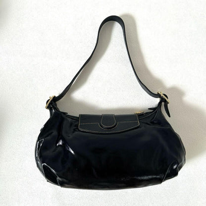 Longchamp Shoulder Bag Purse Patent Leather Black Authentic
