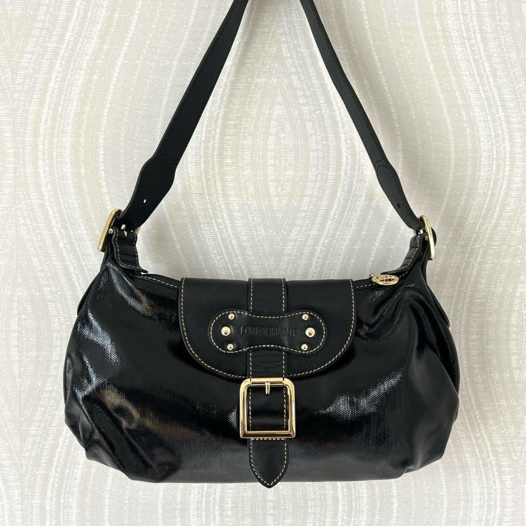 Longchamp Shoulder Bag Purse Patent Leather Black Authentic