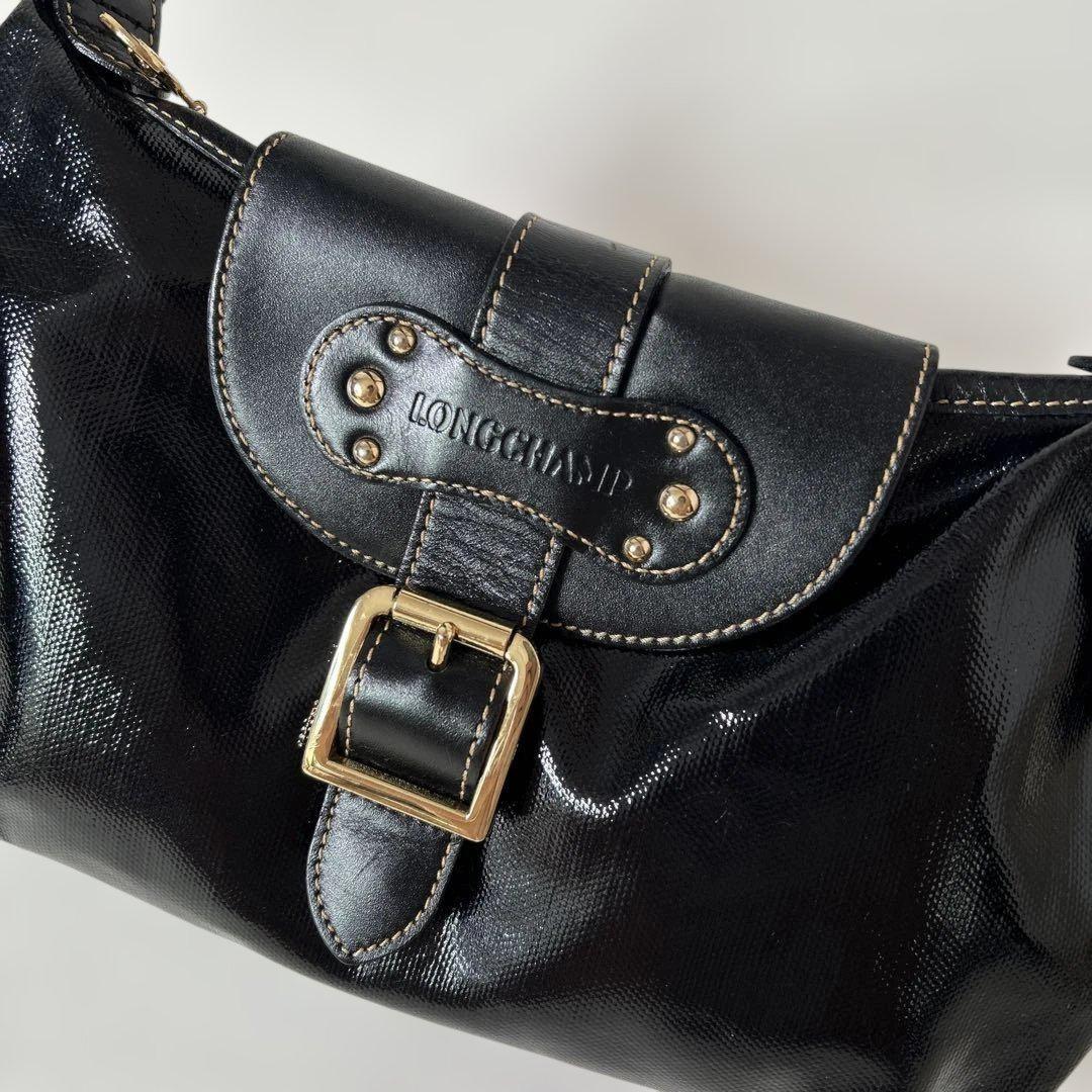 Longchamp Shoulder Bag Purse Patent Leather Black Authentic
