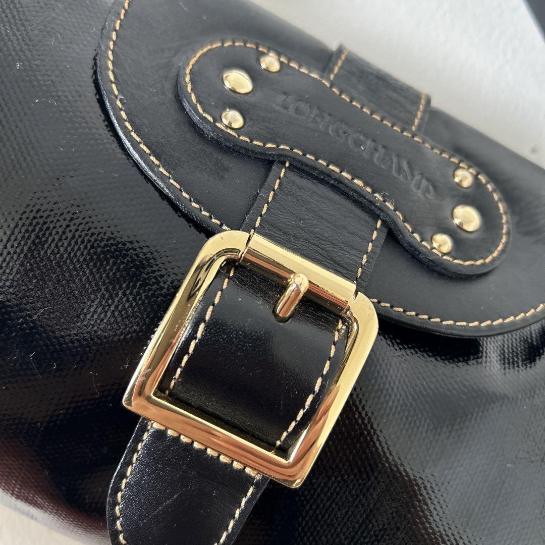 Longchamp Shoulder Bag Purse Patent Leather Black Authentic
