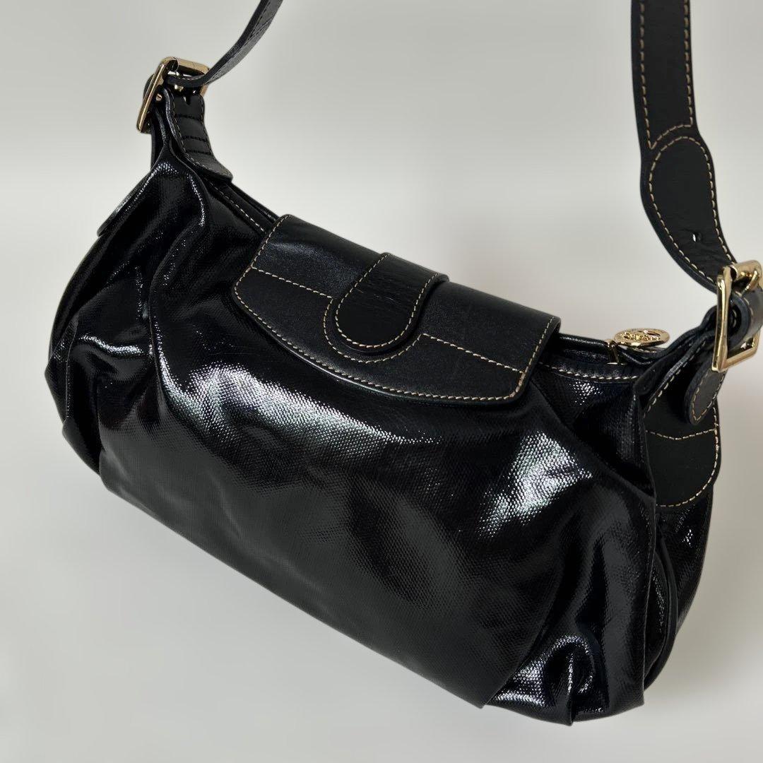 Longchamp Shoulder Bag Purse Patent Leather Black Authentic